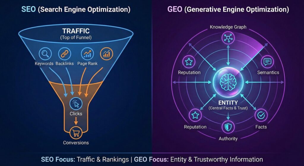 传统 SEO 漏斗与生成式 GEO 优化模型对比分析图